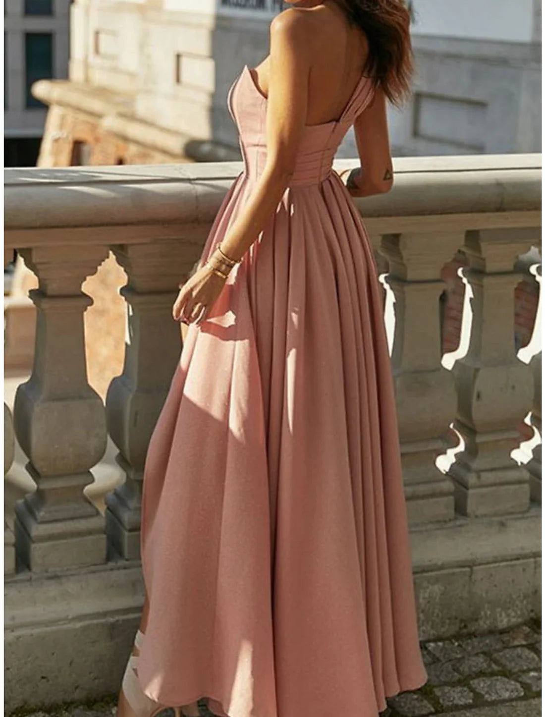 Luolandi Women's Party Dress Homecoming Dress Wedding Guest Dress Long Dress Maxi Dress Pink Sleeveless Pure Color Pleated Summer Spring One Shoulder
